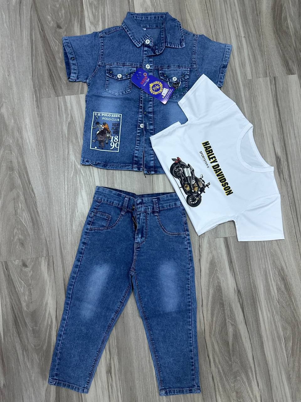 3pcs Boys Short Sleeve Jeans Set for Ages 3-7